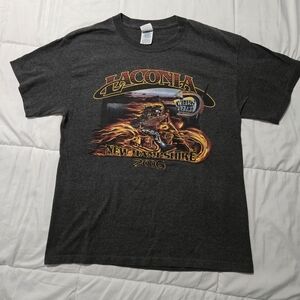 Y2K Laconia New Hampshire  Motorcycle Double Sided Graphic T-Shirt Dark Grey